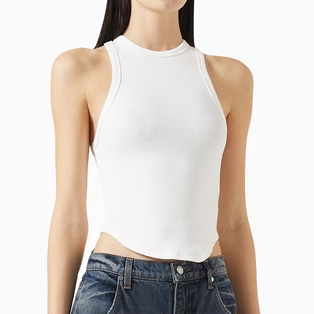 EB Denim Curve Hem Ribbed White High-Neck Sleeveless Tank Top